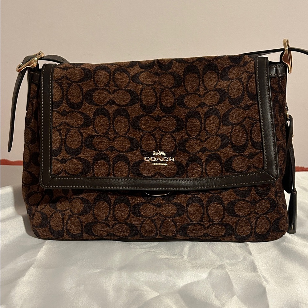 Coach Etta Signature Chenille Brown and Black Shoulder flap Bag